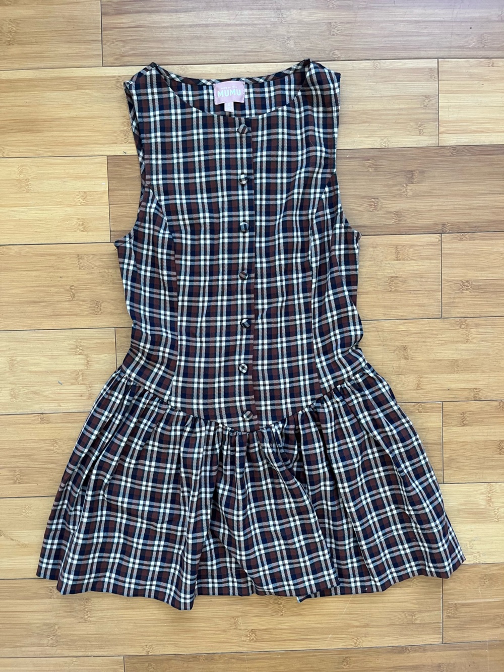 Plaid Button-Front Dress in Navy, Burgundy & White